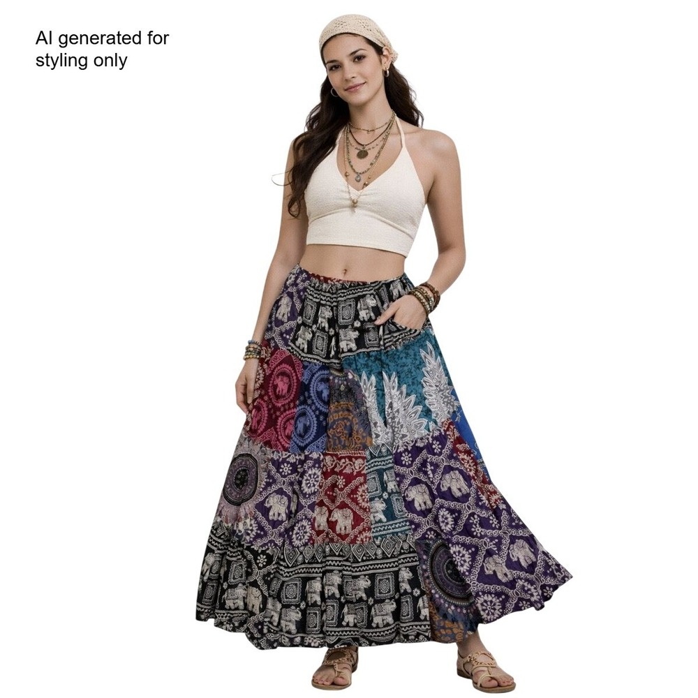 Bohemian Patchwork Maxi Skirt Elephant Print Festival‎ Whimsigoth S/M